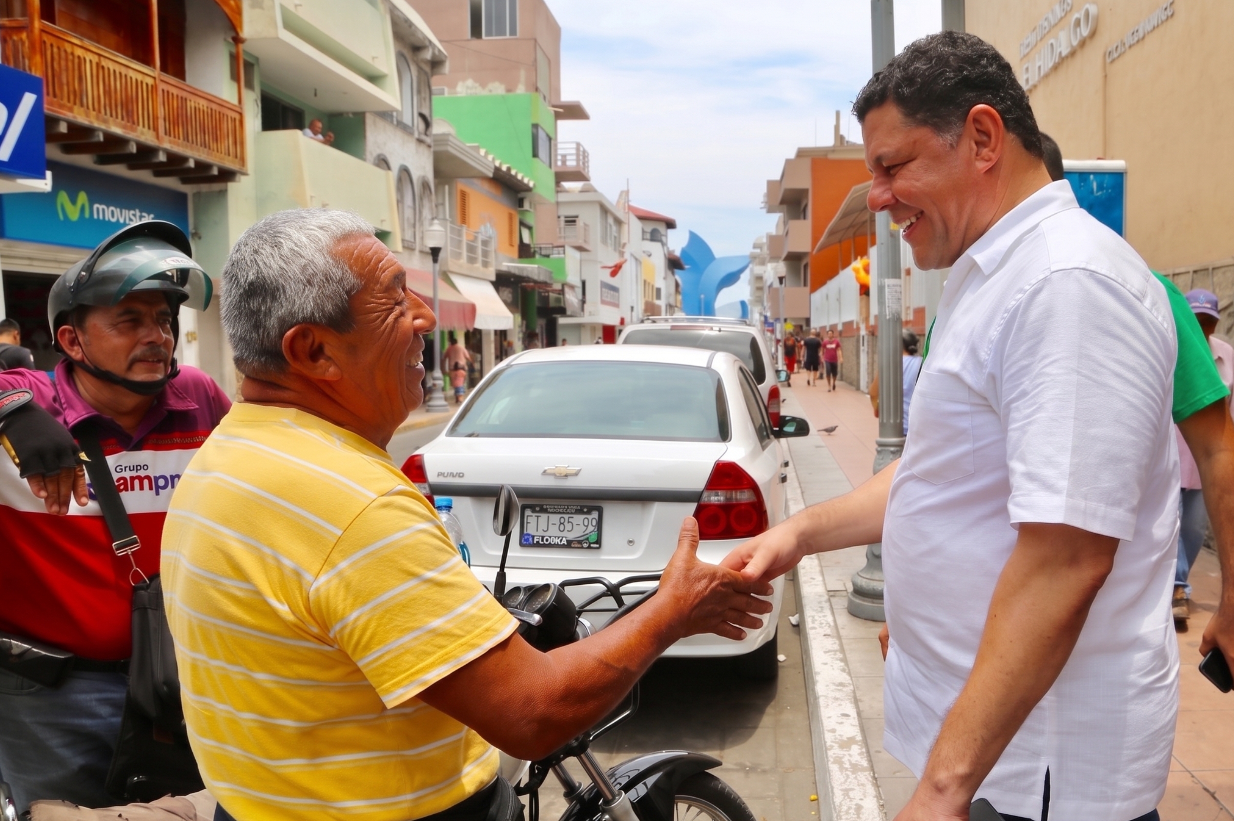 Virgilio Mendoza Amezcua conversando con personas durante un recorrido en territorio